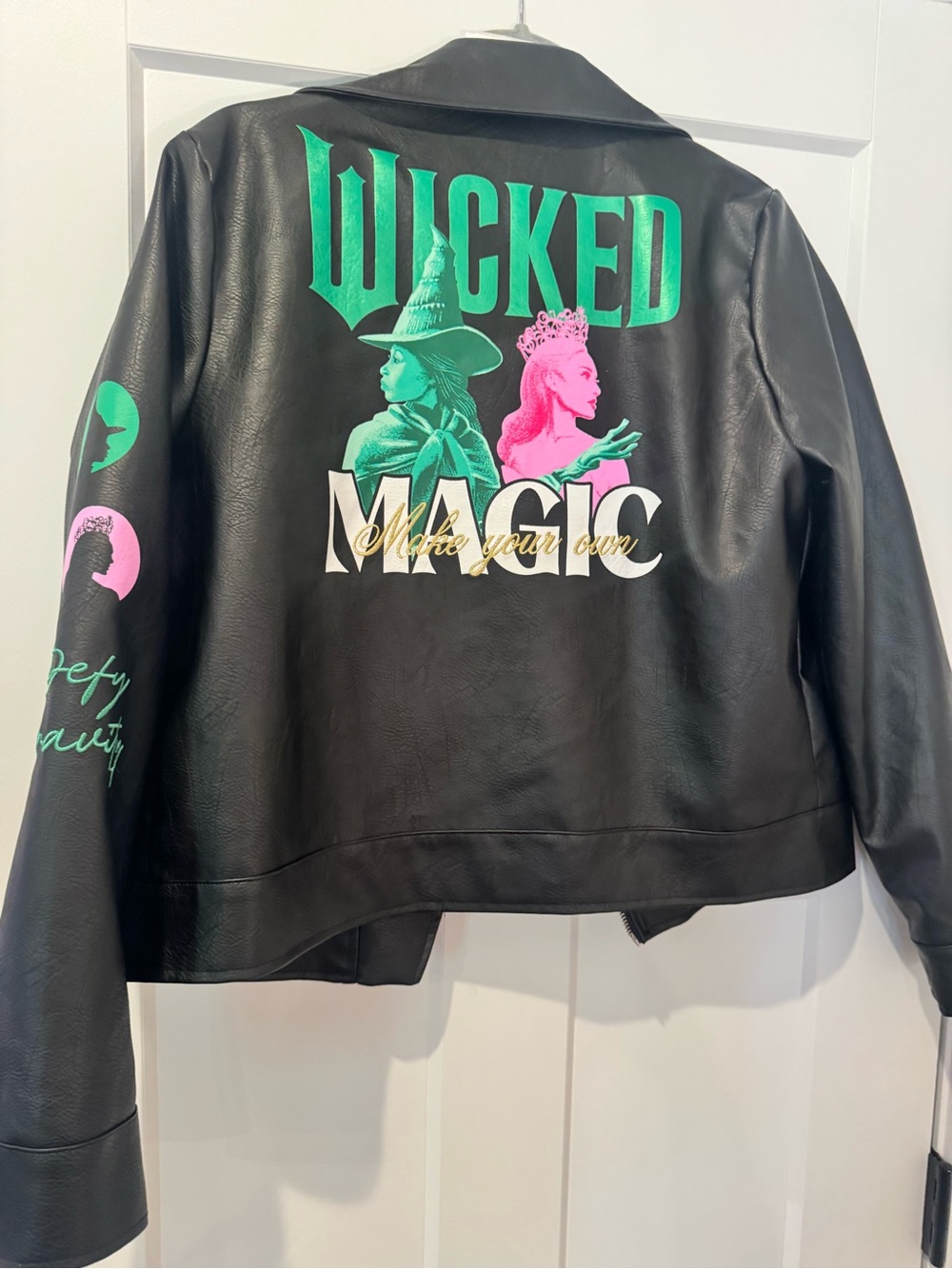 Officially Licensed Wicked Movie Faux Leather Moto Jacket - Elphaba & Glinda - S